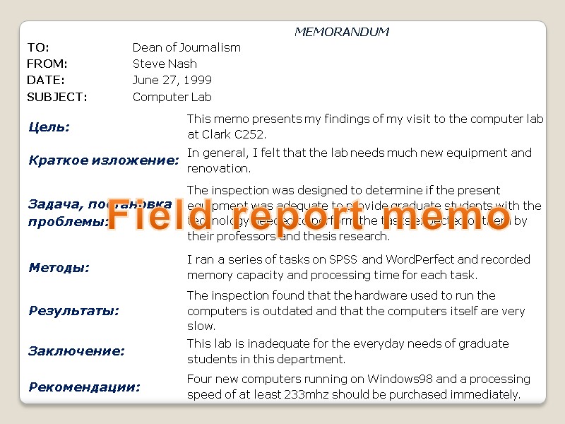 MEMORANDUM   Field report memo